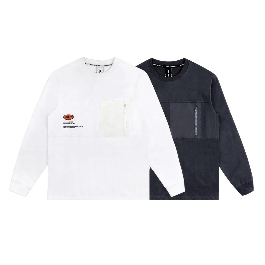 MMLABCREW MRMAI系列秋季新款logo刺绣拼接白色深灰圆领长袖T恤