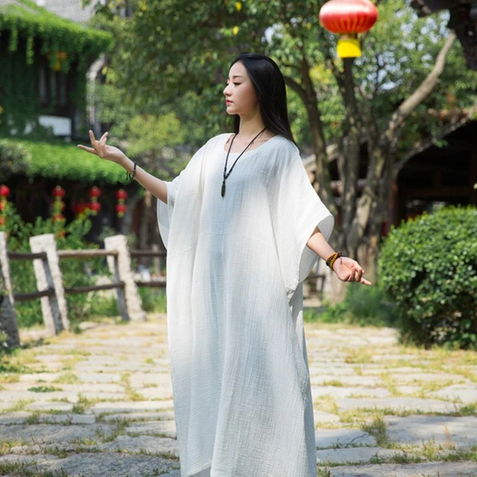 棉麻连衣裙女禅舞新款宽松大码袍子蝙蝠袖长款裙子中国风复古长裙