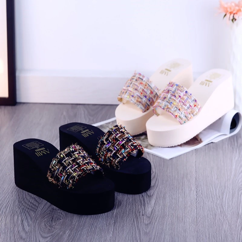 高跟拼色拖鞋夏季新款潮女拖鞋厚底坡跟一字拖外穿女生休闲拖沙滩