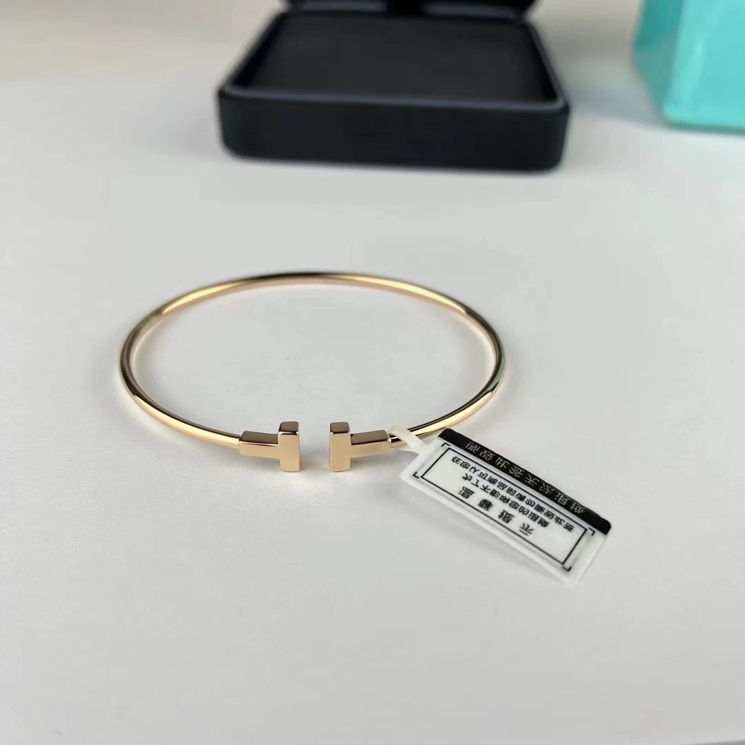99新 Tiffany & Co./蒂芙尼 窄玫瑰金双T开口线圈手镯