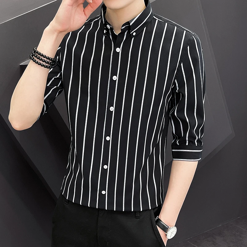 男士2023春夏季新款竖条中袖条纹衬衫时尚百搭休闲七分袖衬衣