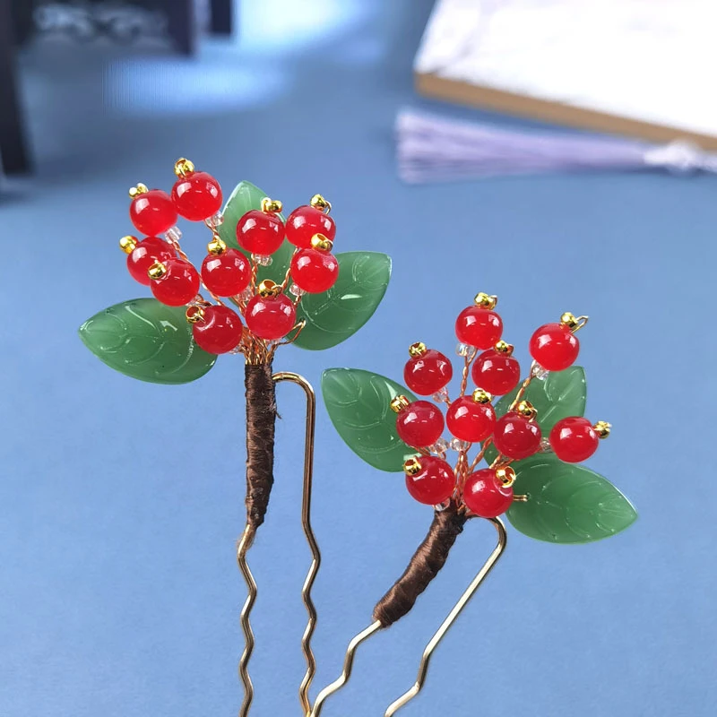 古风汉服小清新古装U型发簪红豆相思发簪甜美