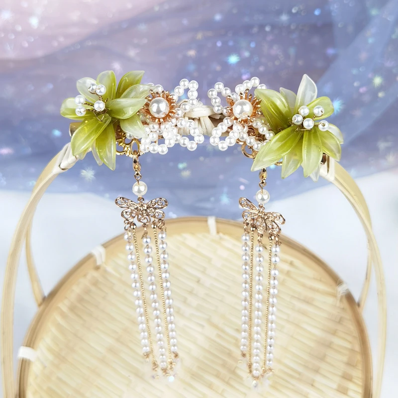 特价  古风汉服流苏绢花 花朵明制百搭古装头饰发夹对夹