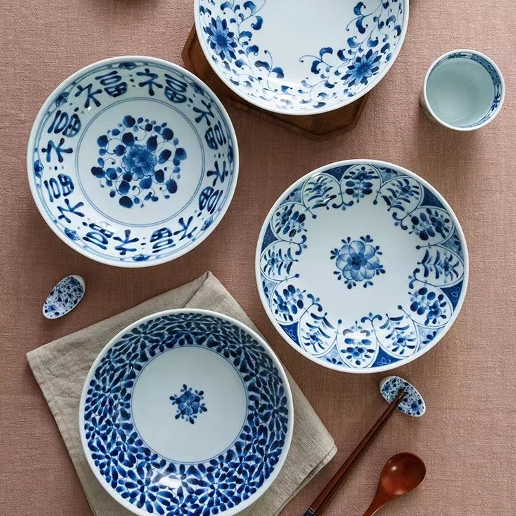 日本进口陶瓷餐具 美浓蓝凛堂福字盘 深盘意面牛排盘21.3cm 瓷盘