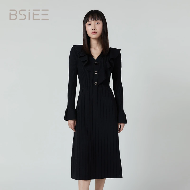 BSIEE本涩长袖木耳边边V领高腰过膝时尚简约针织中长款连衣裙收腰