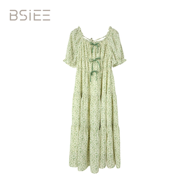 BSIEE/本涩碎花系带连衣裙女春夏季新品清新系设计感长裙