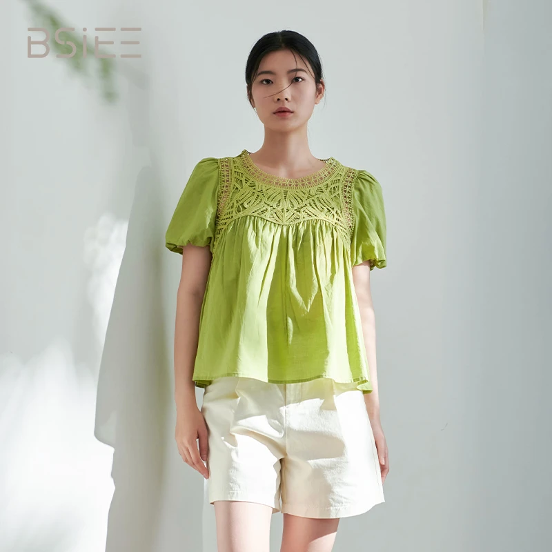 BSIEE本涩蕾丝拼接小衫夏季新品小众设计短款显腰短袖女