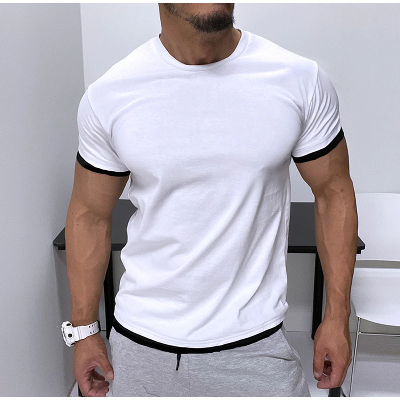 假两件！短袖男士圆领修身运动休闲拼接打底衣服纯色服装t恤半袖