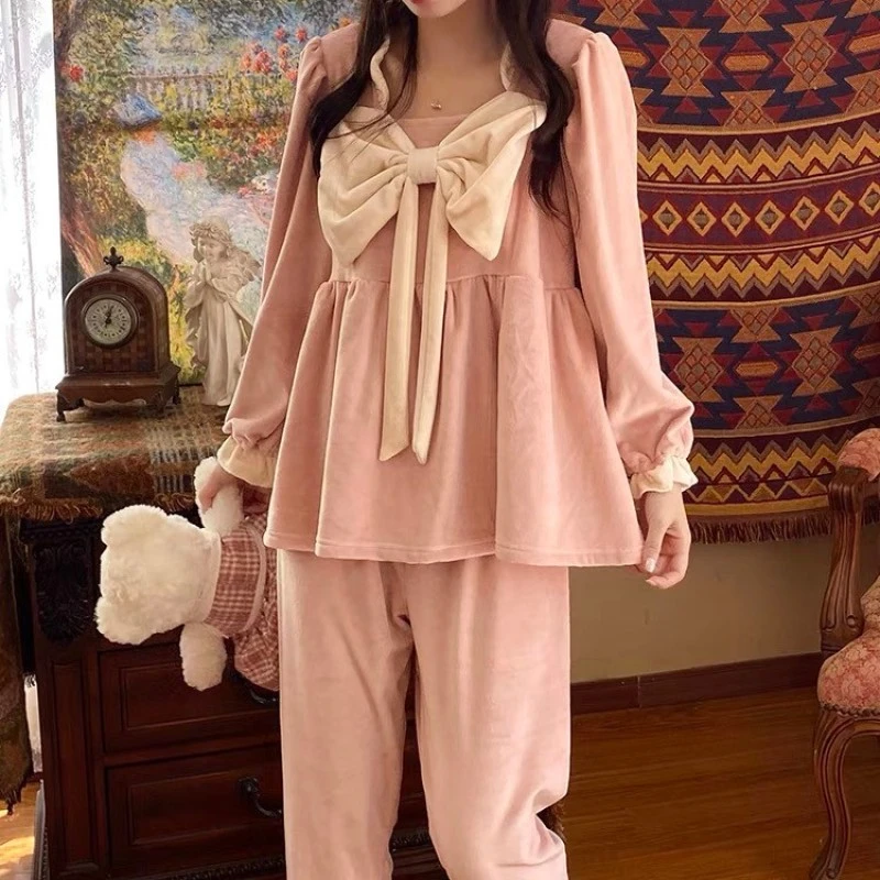 【春夏秋冬】轻复古日系甜美蝴蝶结睡衣春秋款女冬季海岛绒少女长