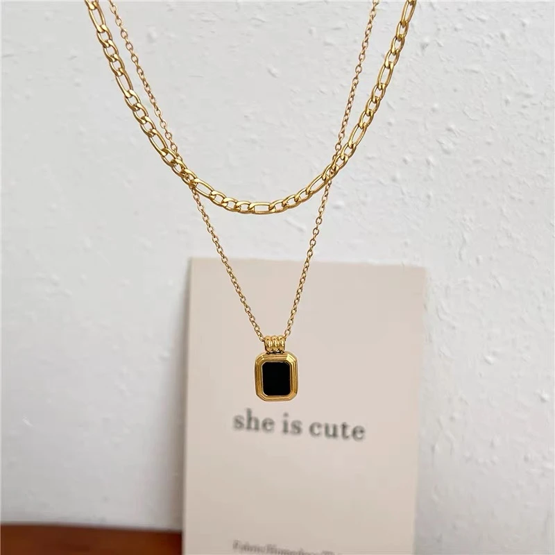 驰锦 钛钢项链 双层小黑牌ins简约项链个性百搭几何气质方块小众