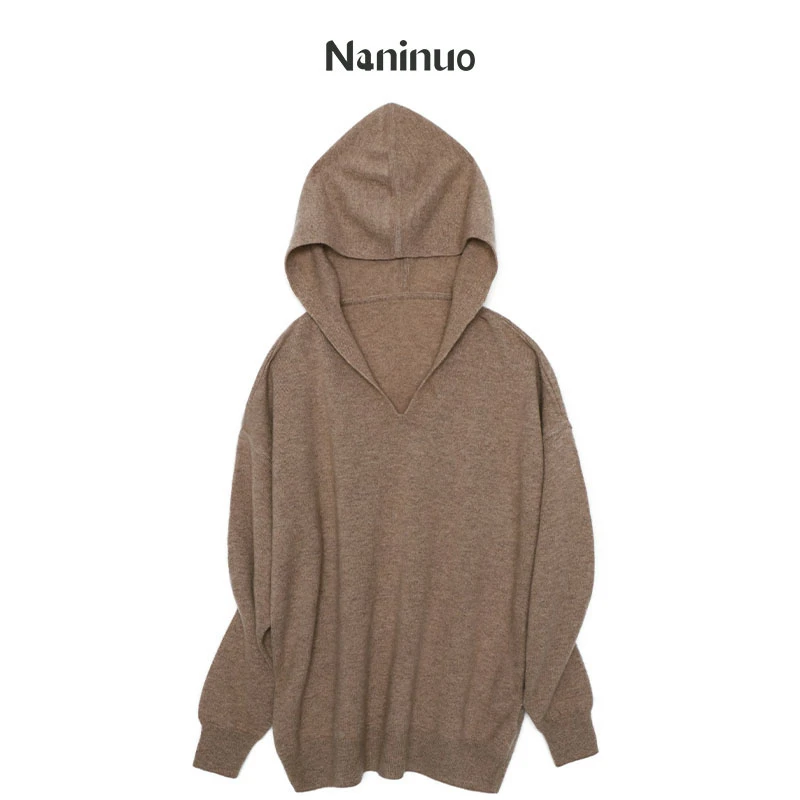 Naninuo/纳尼诺纯羊绒连帽针织衫纯色帽衫宽松卫衣NACX22089
