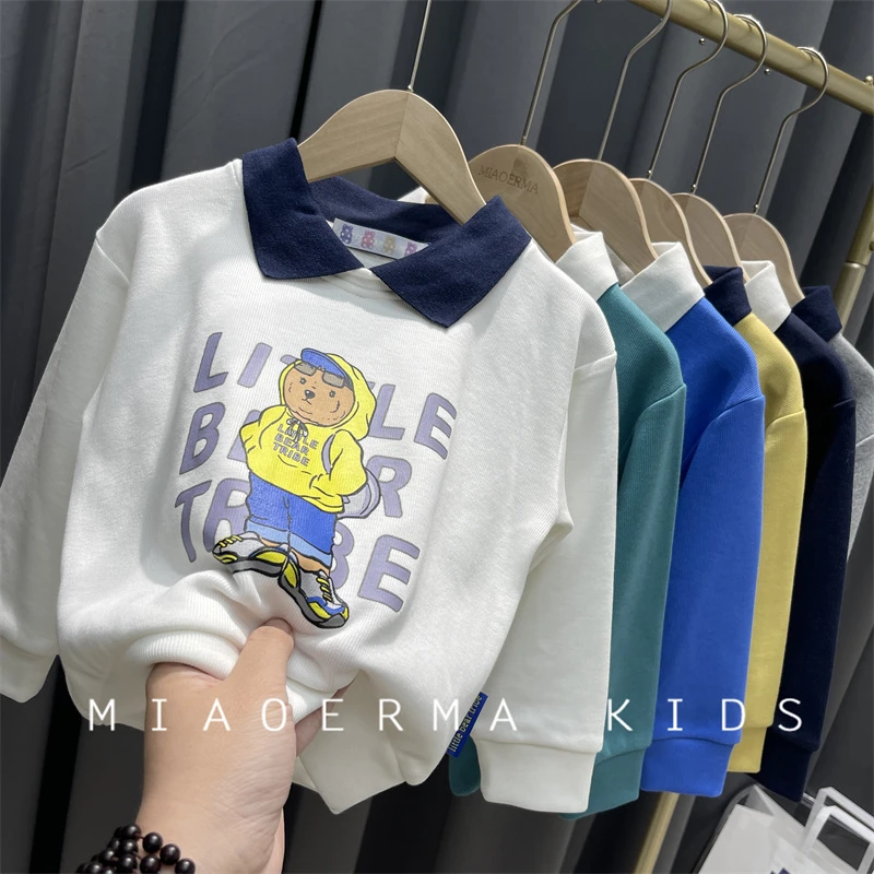 儿童春秋休闲长袖2024男童印花卡通套头洋气卫衣宝宝polo翻领卫衣
