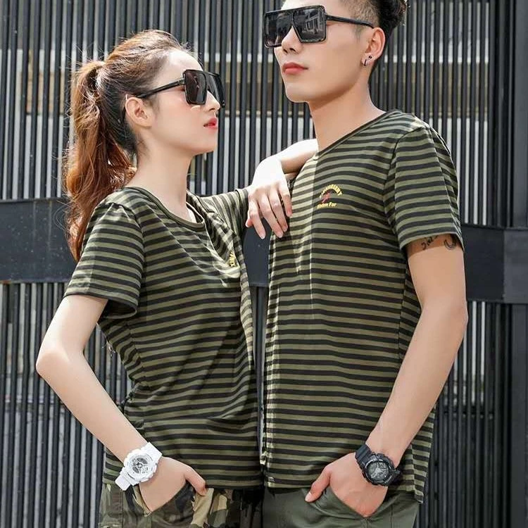 夏季条纹短袖男女同款户外男士t恤薄款圆领通用百搭T恤半袖上衣