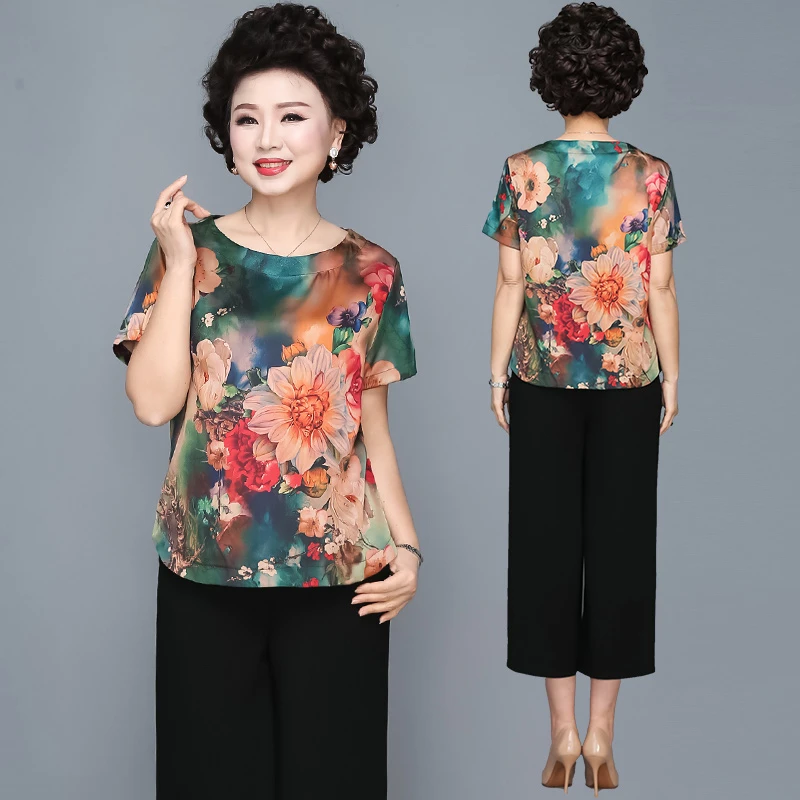 妈妈夏装两件套装中老年人上衣服洋气奶奶短袖小衫中年女春装