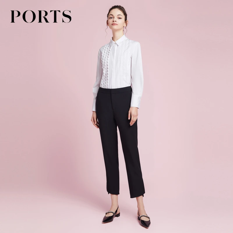 PORTS宝姿女装 春季百搭通勤风气质休闲裤新款开衩弹力修身小脚裤