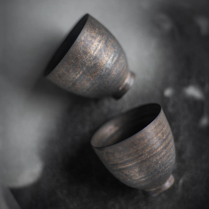 古铜色手作茶杯粗陶个人杯品杯仿古铁釉主人杯
