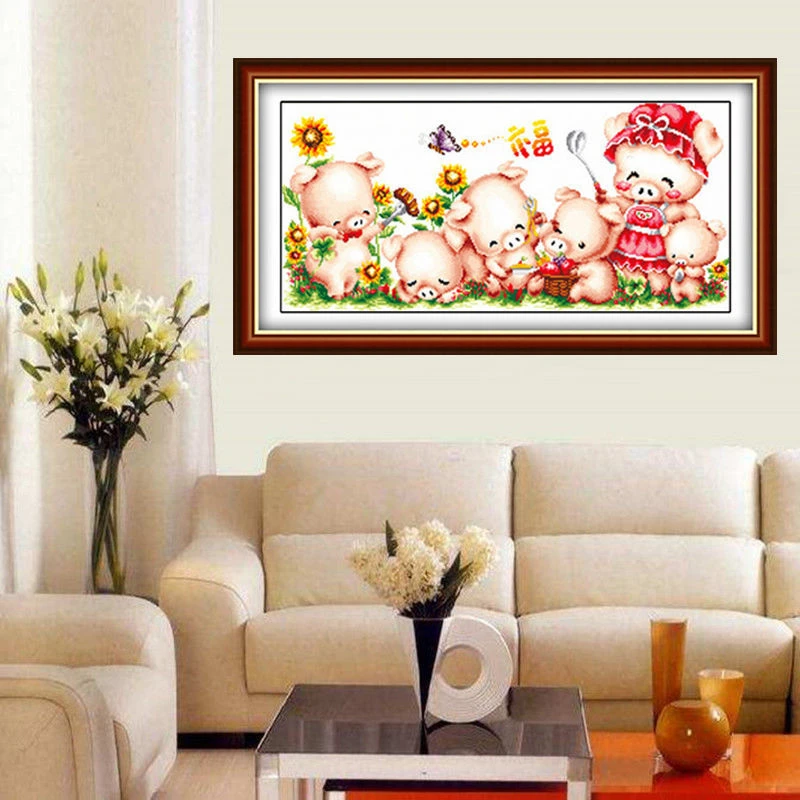 今年图挂画印花十字绣线绣新款客厅绣线幸福之家 小猪一家小幅简