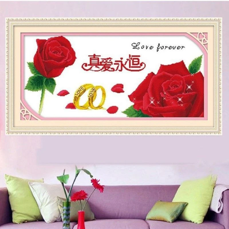 针绣十字绣真爱永恒玫瑰花线绣新款温馨简单卧室浪漫红色优雅爱情