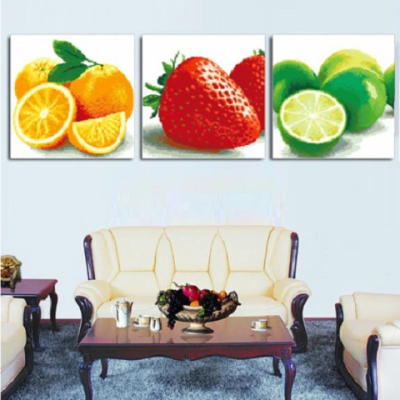 印花新款十字绣餐厅水果浪漫三联画十字绣简单小幅简约现代客厅