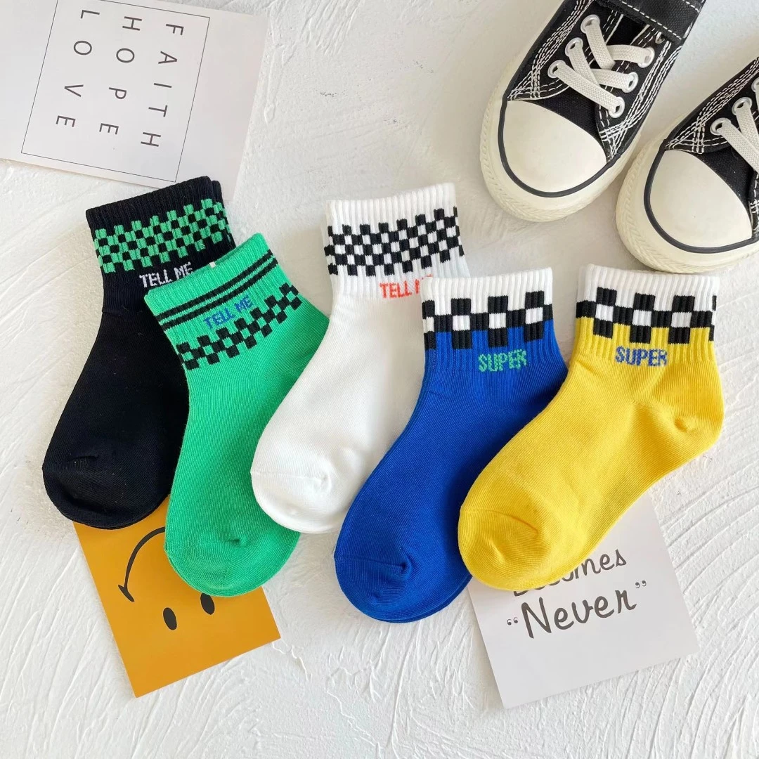 5双男童袜口棋盘格短袜