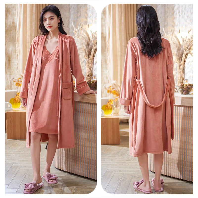 睡衣女海岛绒吊带睡裙冬季中长款睡袍家居服两件套装宽松加厚秋冬