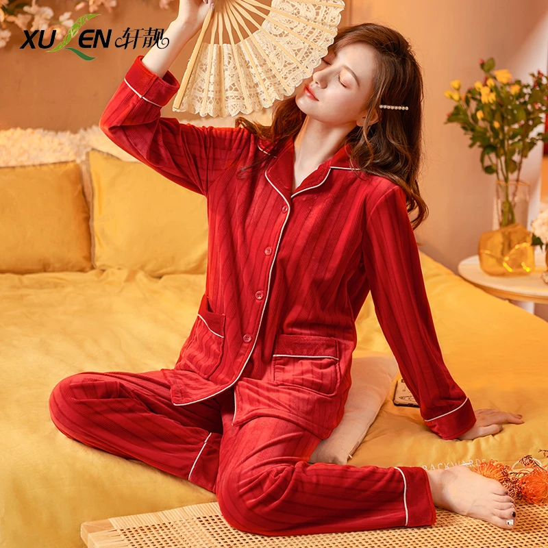 新年本命年蛇年大红色睡衣女春秋季加厚保暖海岛绒套装大码家居服
