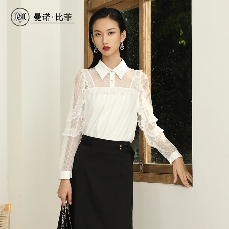 曼诺比菲商场同款春秋季新款长袖t恤打底衫女蕾丝MC112I0334