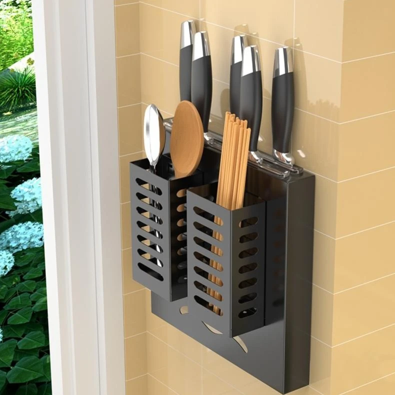 黑色不锈钢刀架筷笼一体厨房置物架壁挂刀具菜刀收纳架创意插刀架
