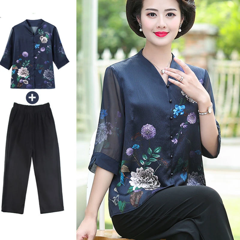 中老年女装妈妈50-60岁短袖洋气老人衣服夏装70 80岁奶奶装两件套