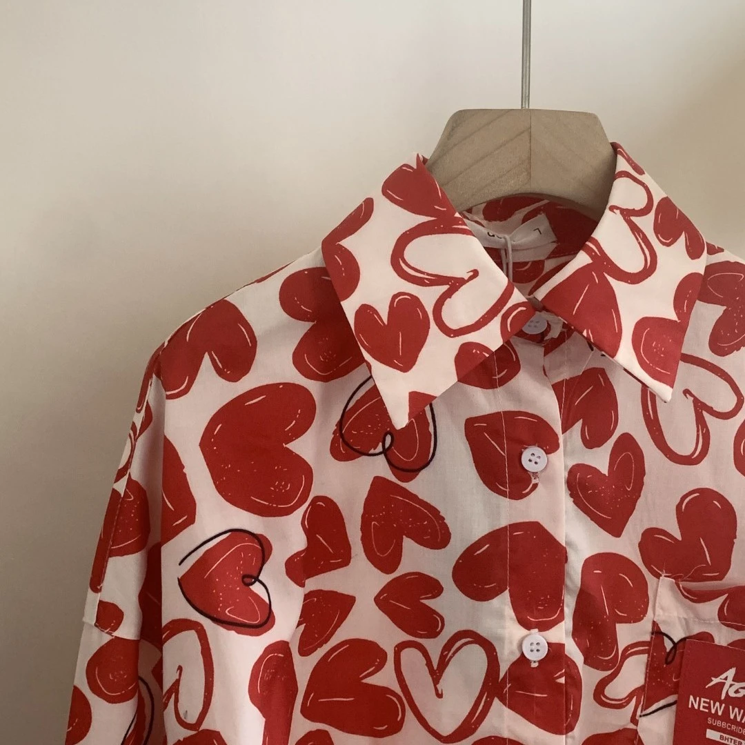 咸蛋小虾米 韩国女童宽松纯棉衬衫儿童宝宝红色洋气爱心长袖上衣