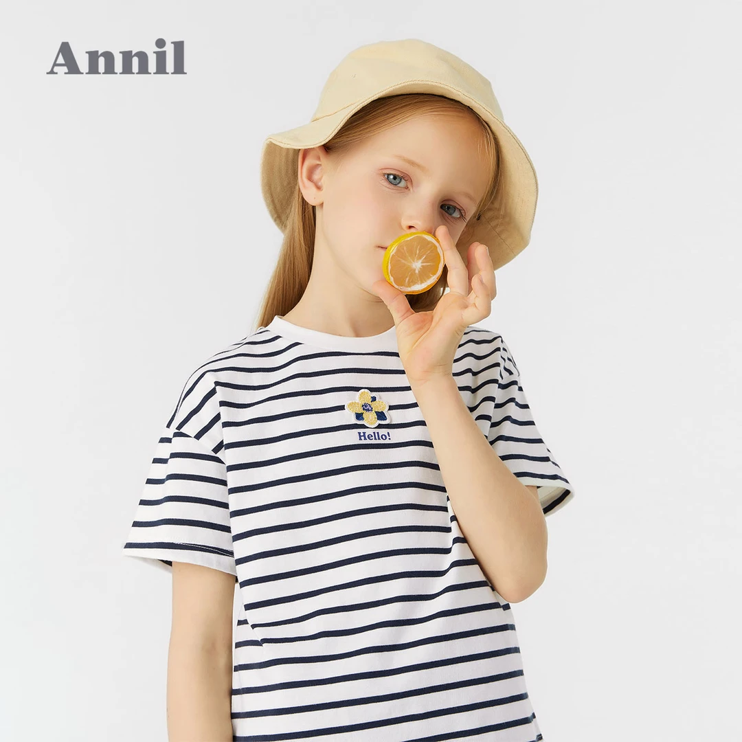 ANNIL/安奈儿女童条纹短袖T恤洋气宽松型夏薄款女孩纯棉针织上衣