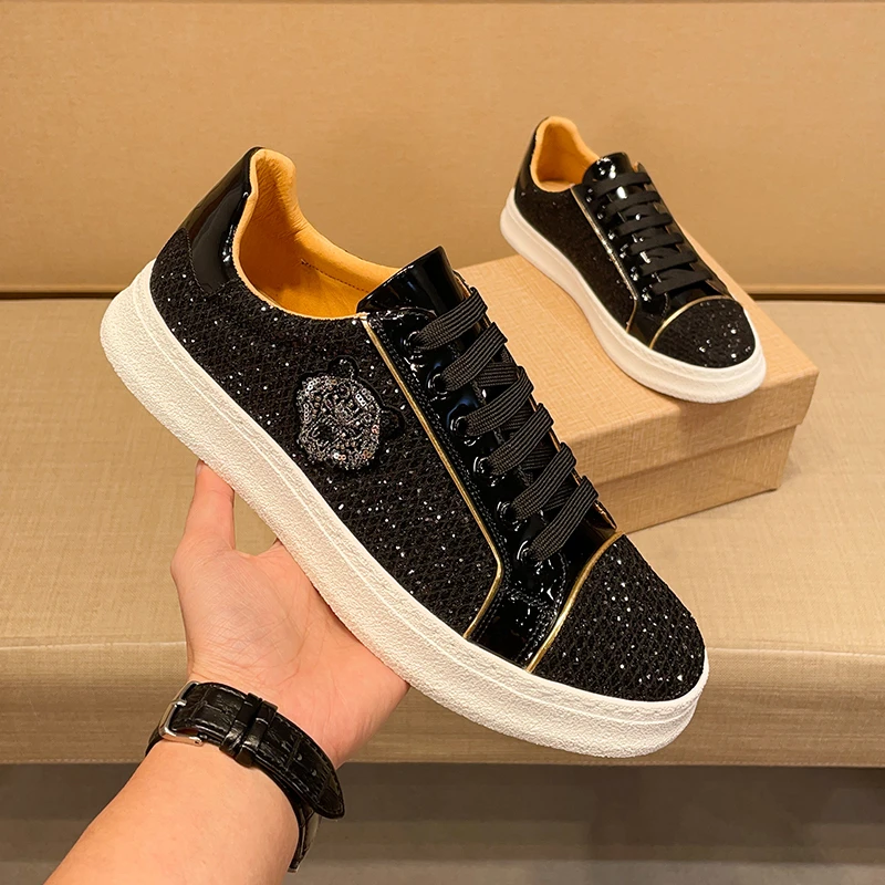 切奈尔夏季透气高端轻奢男鞋2023潮款男款鞋子亮片虎头黑色板鞋