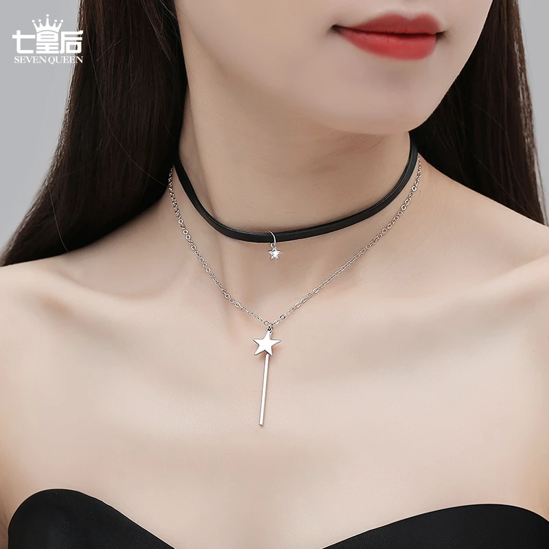 SEVEN QUEEN/七皇后 铜合金皮质项链 双层叠戴星星颈链女choker