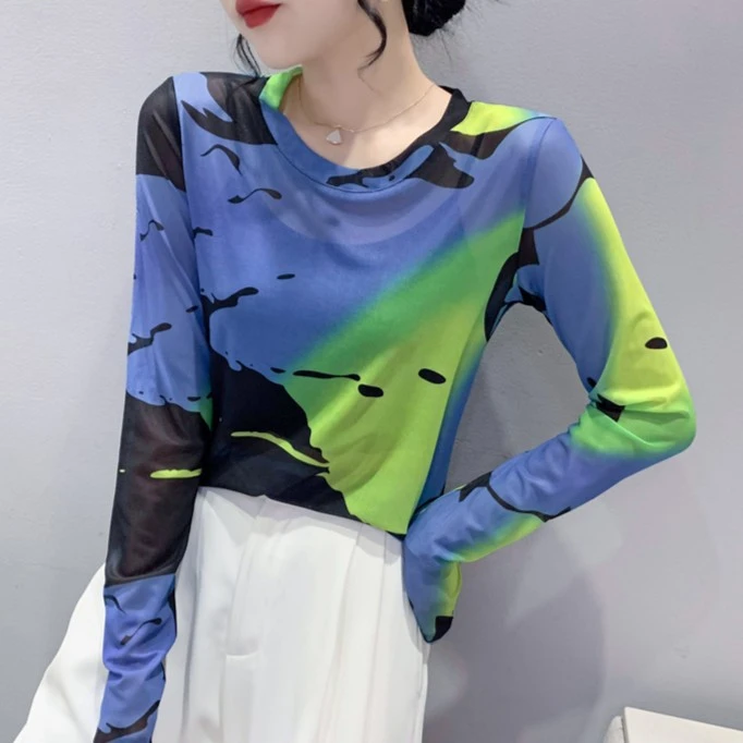 网纱圆领长袖T恤夏装新款时尚印花防晒衣罩衫洋气衣服女