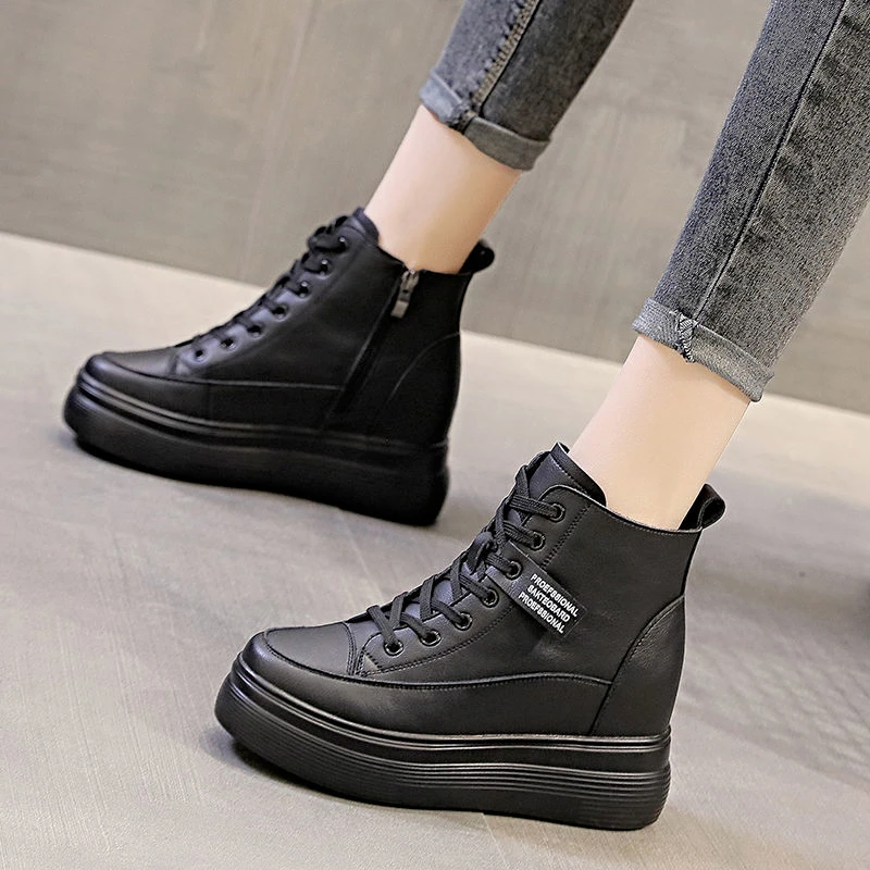 侧拉链真皮高帮鞋女百搭黑色显瘦内增高女鞋8CM秋冬加绒保暖棉鞋