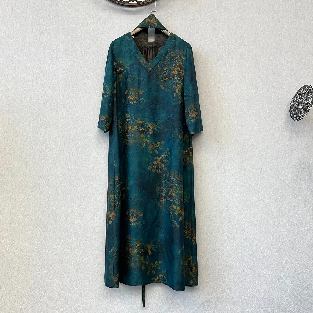 蚕物【Y250】香云纱花萝100%桑蚕丝重磅双面穿连衣裙女国风中长裙