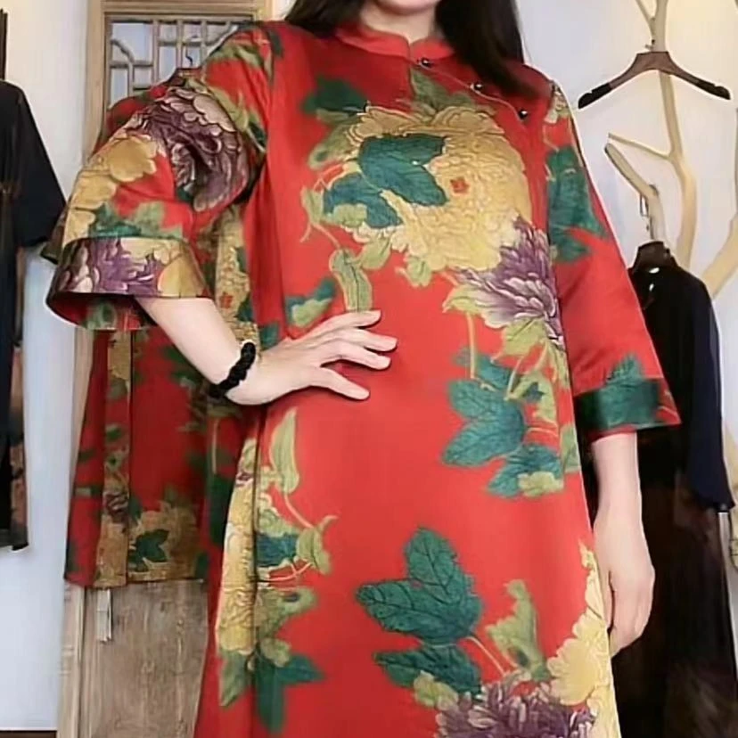 【南音裳羽】655经典牡丹复古中式香云纱ins连衣裙民族风中长款国风