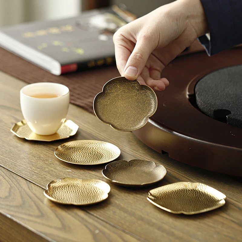 日式手工小号铜杯垫锤纹复古杯托隔热防滑茶托杯碟子功夫茶具配件