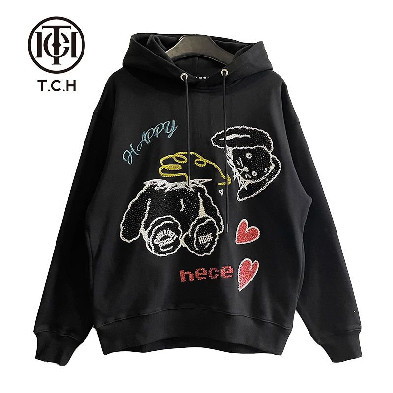 奥莱-TCH潮牌爱心小兔烫钻休闲连帽宽松帽衫T21112C6076