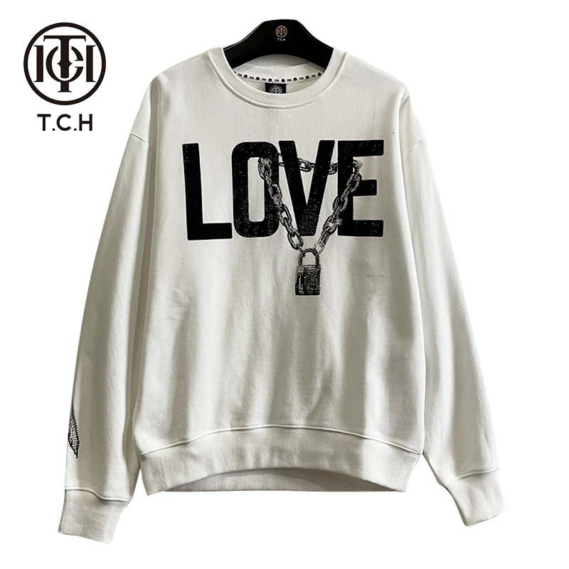 男装-TCH潮牌锁爱烫钻圆领休闲百搭秋季长袖加绒卫衣T21311C6917