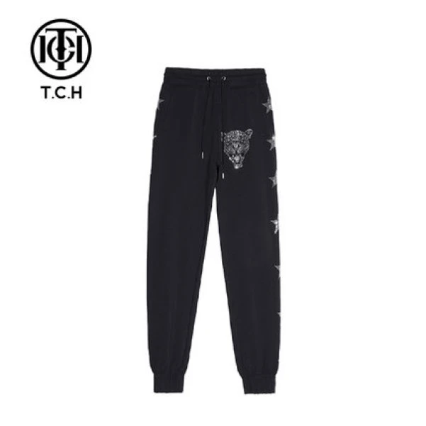 潮牌-TCH休闲豹头星星烫钻束脚黑色休闲长裤男女同款T21120C3003