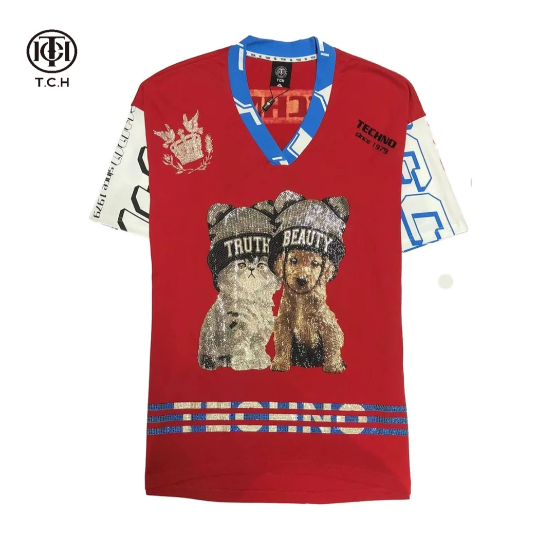 奥莱-潮牌烫钻红色时尚经典时尚休闲运动男女款T恤T21110C6069