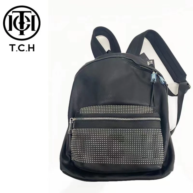 轻奢-TCH潮牌logo烫钻黑色调节双肩包T181400003