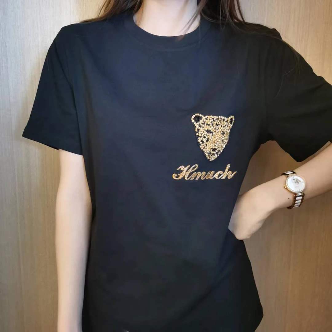 男装TCH豹头字母刺绣烫钻时尚百搭黑色修身圆领正肩T恤T66A106153