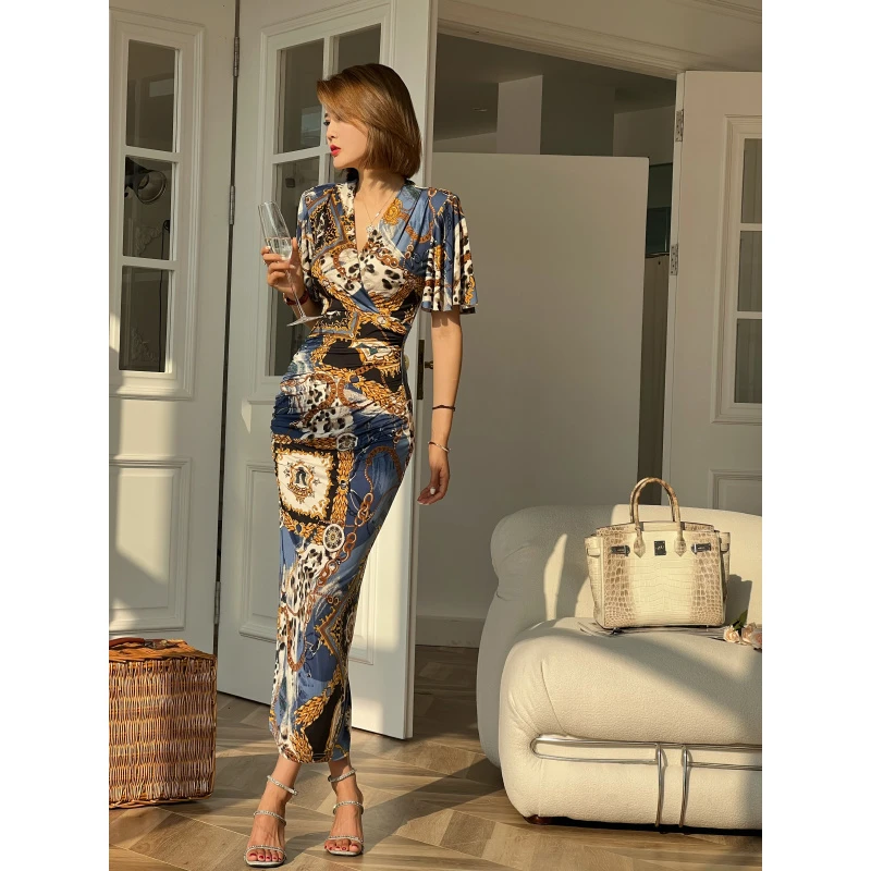 XULU原创夏季弹力复古印花裙气质褶皱显瘦飞飞袖V领连衣裙职业