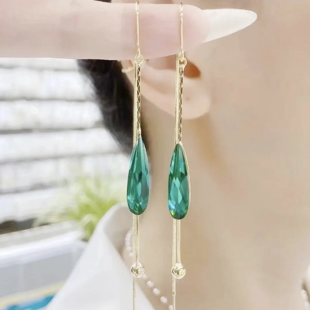 铜合金合成锆石耳饰 /碧水佳人  精致闪烁长款流苏耳线391