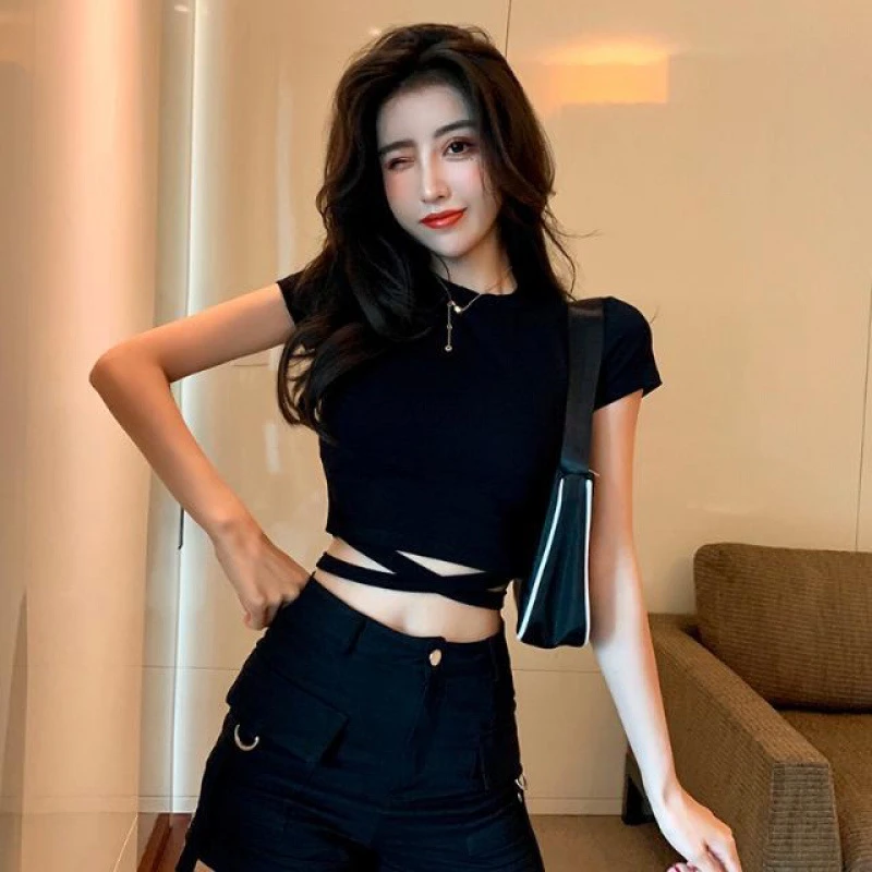 T高贵上档次女装短袖T恤女短款上衣短带高腰露脐紧身打底衫辣妹装