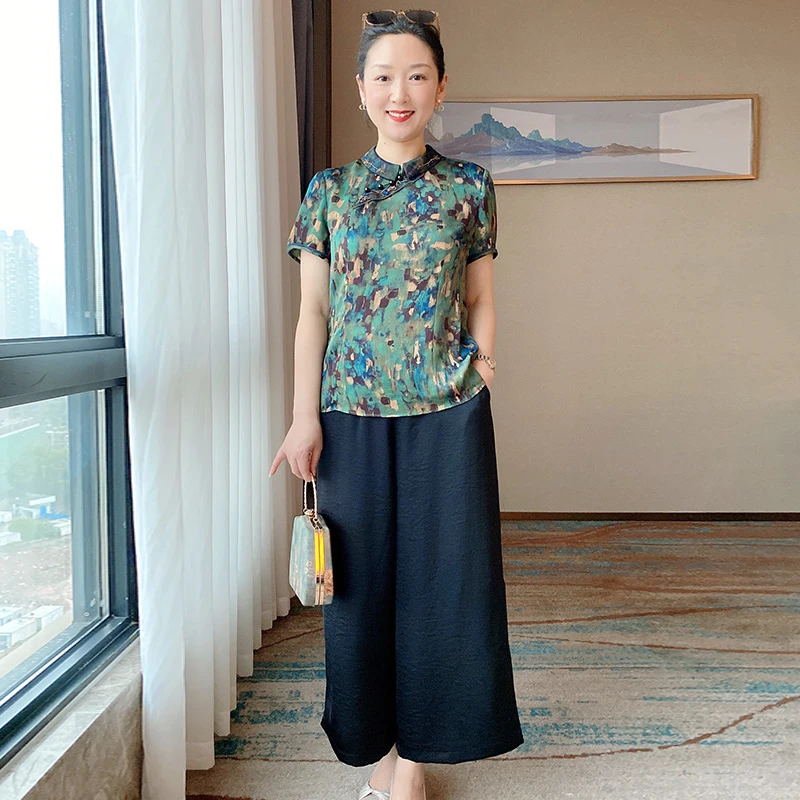 SL妈妈夏装气质短袖套装中老年洋气两件套40岁到国风裙2022A065