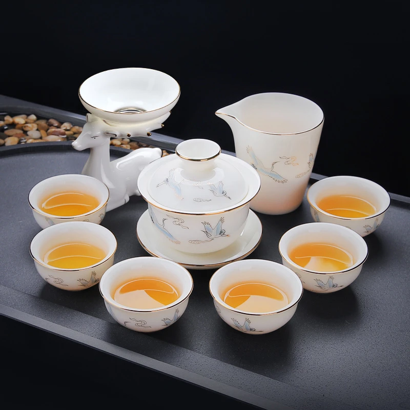 羊脂玉白瓷功夫茶具套装家用办公室会客泡茶陶瓷盖碗茶杯轻奢高档