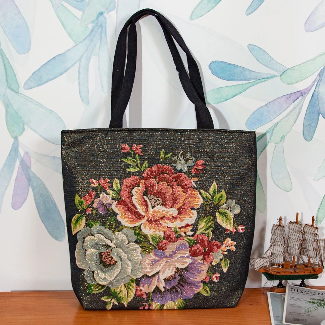 【大包金丝 黑牡丹】42*32气质大容量单肩包购物袋提花刺绣帆布包